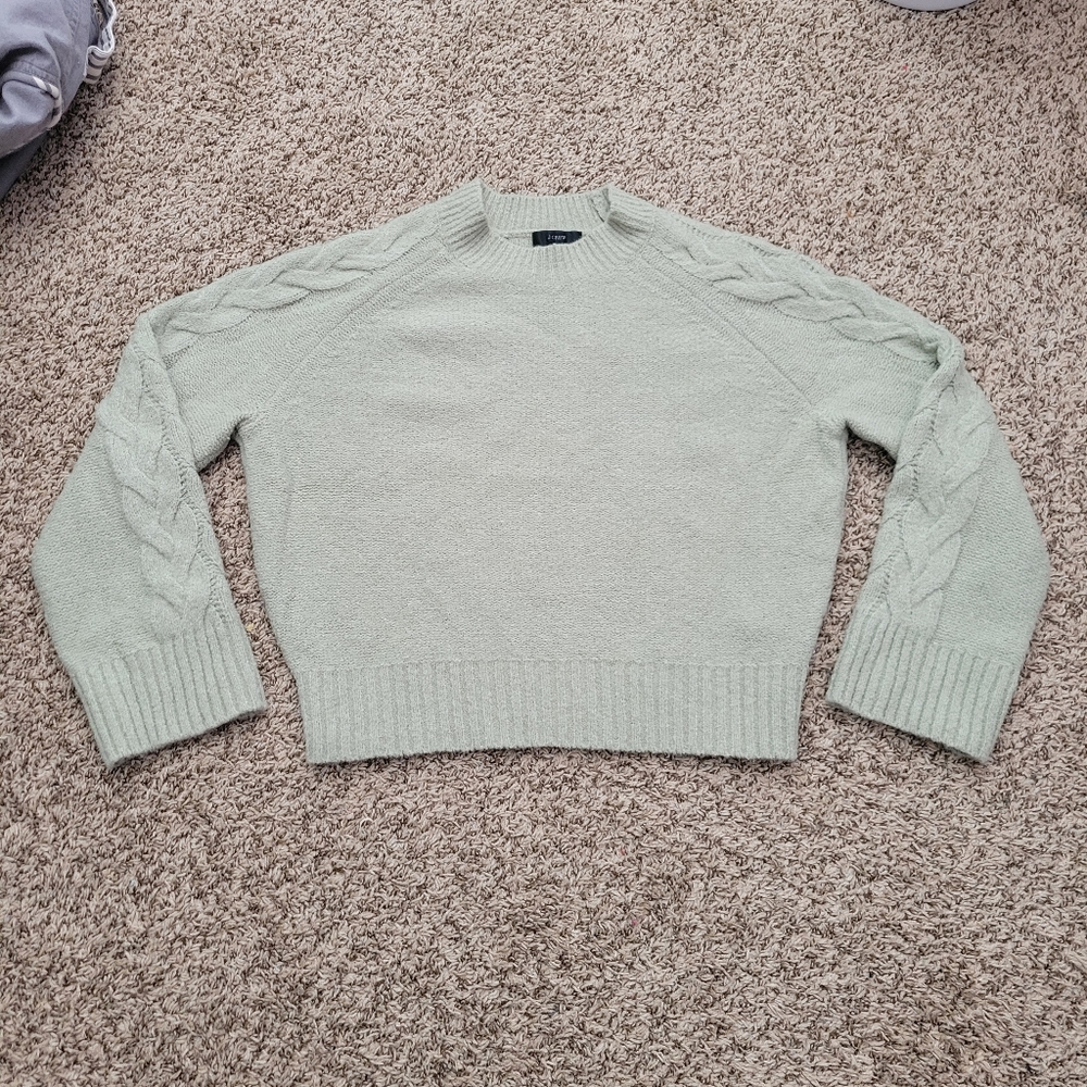 J. Crew Cashmere Boucle Cable Sleeve Sweater Sage Green Crew Neck Size Small